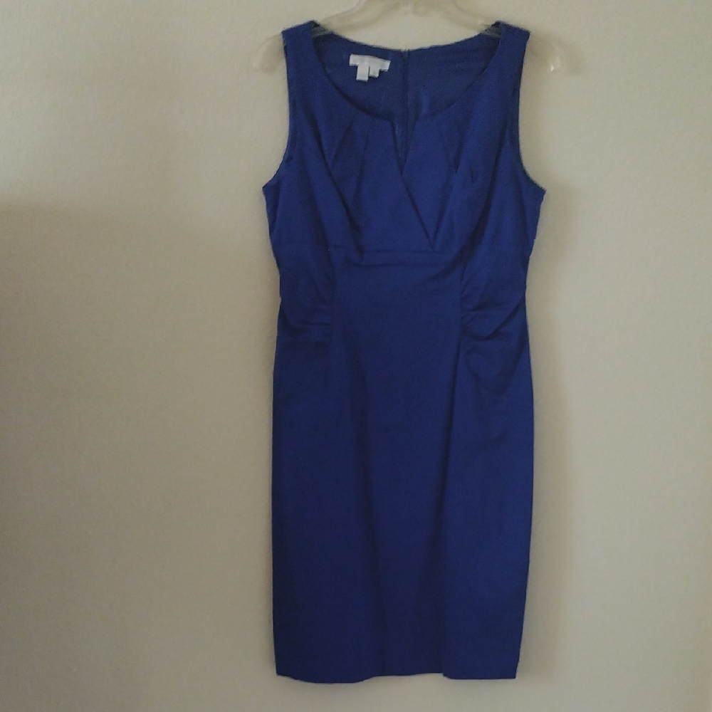 London Times Blue Ruched Sheath Dress Scoop Neck Midi